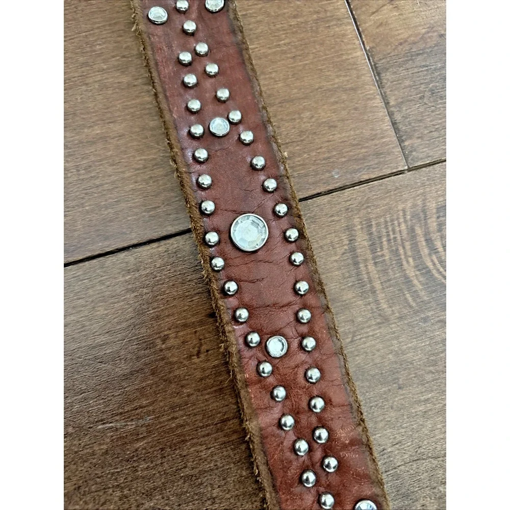 American Eagle Brown 100% Leather Belt Western Hippy Studded Womens M Rhinestone